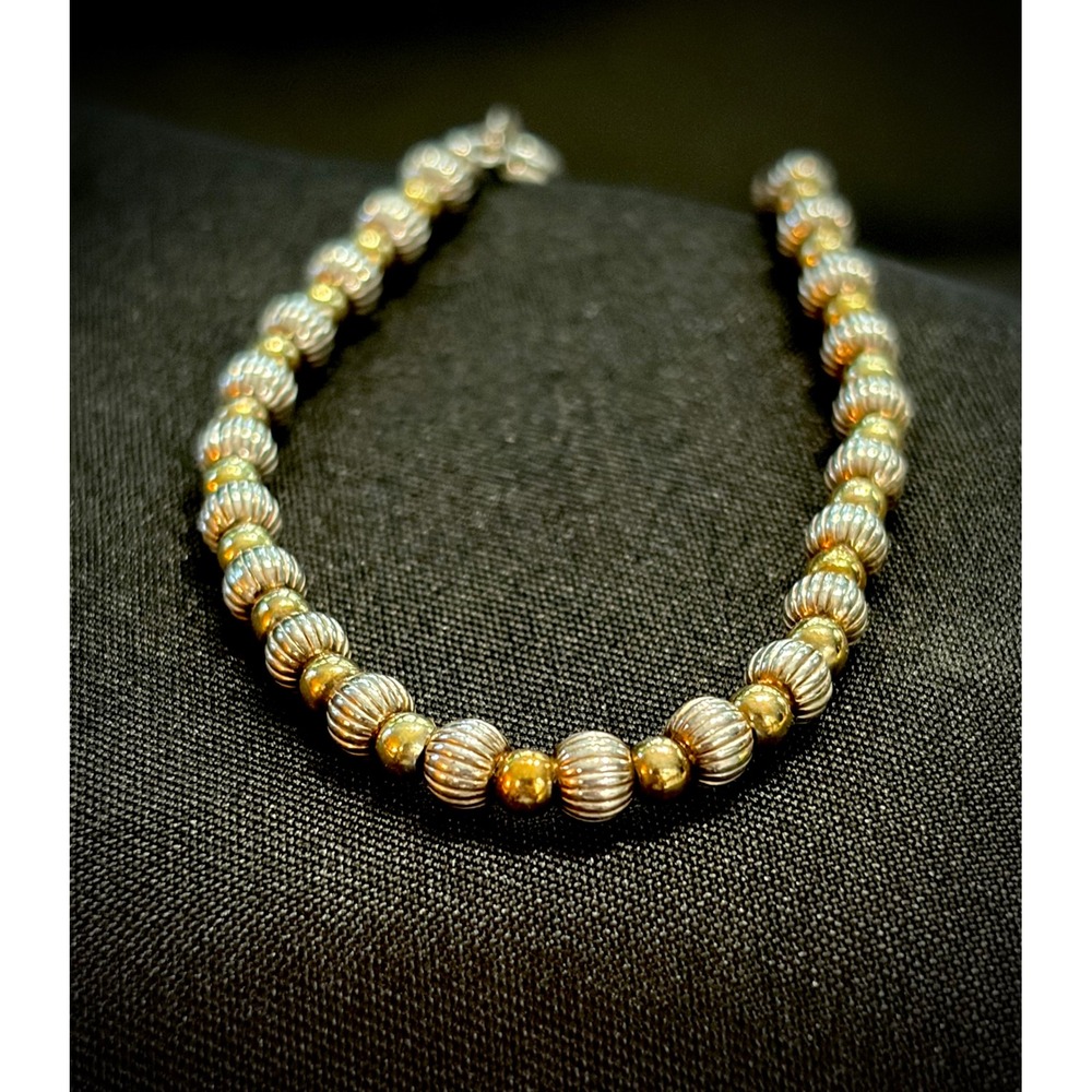 925 Italy Two-Tone Diamond-Cut Bead Bracelet 7in Sterling Silver Gold Vermeil